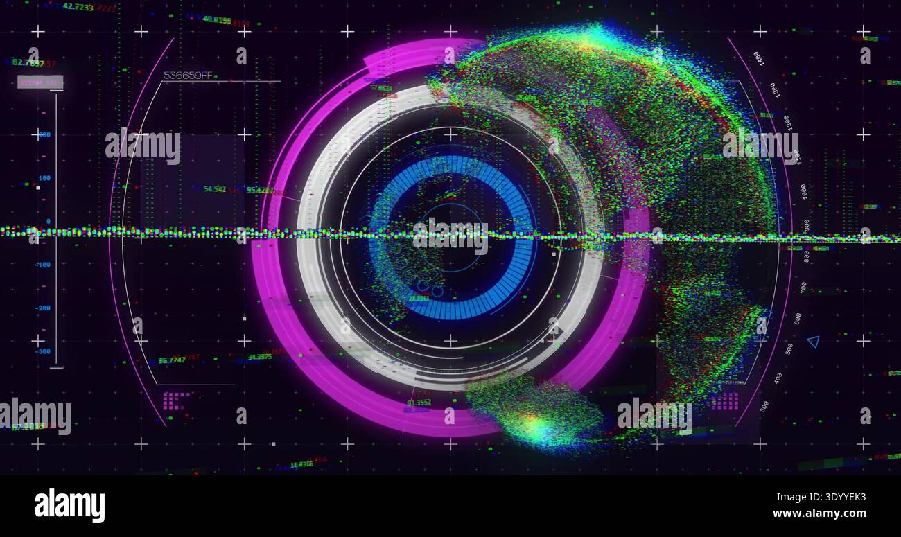 Displaying concentric-ring HUD rotating in HUD interface, showing particle globe, waveform axis Stock Photo