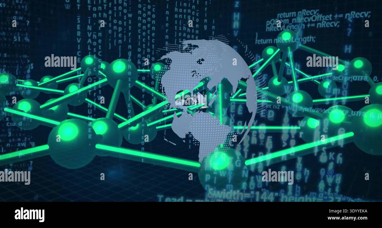 Displaying stylized gray globe linking with green nodes over blue grid, with streaming code Stock Photo
