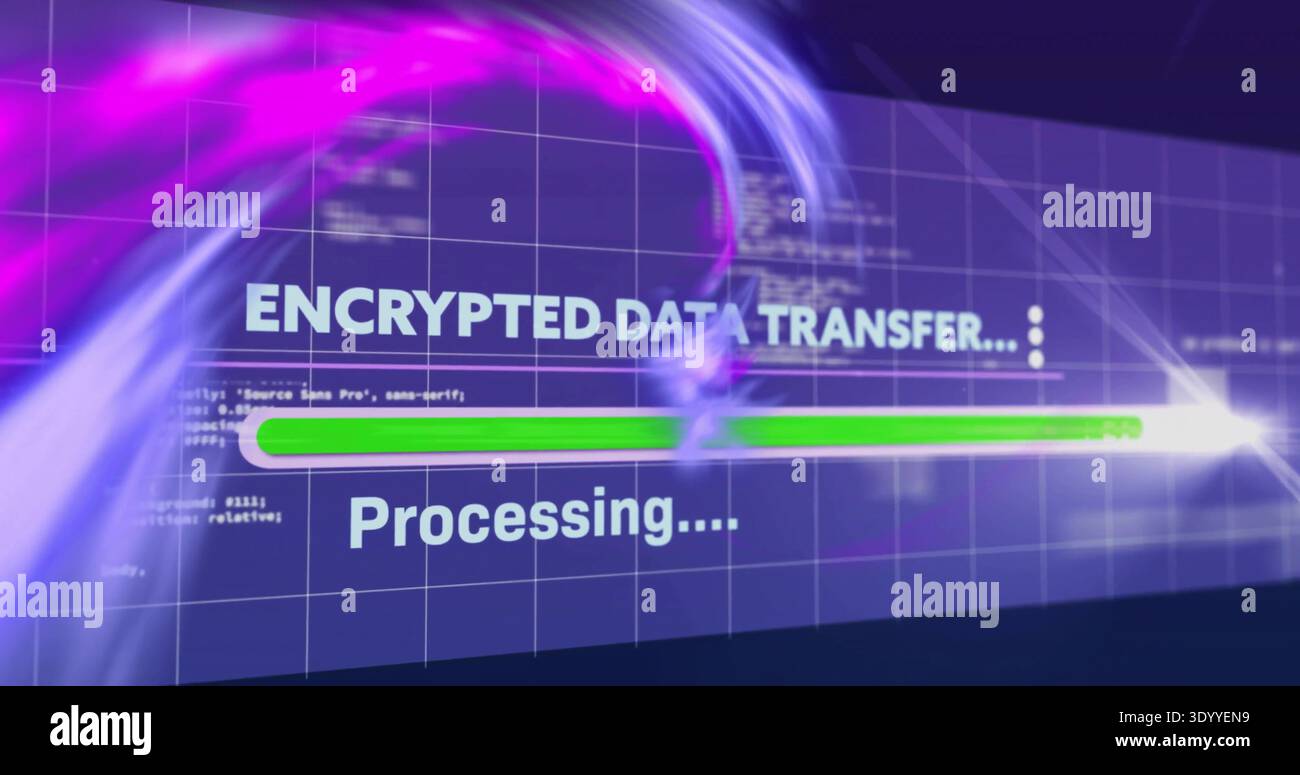 Displaying centered ENCRYPTED DATA TRANSFER header with green progress bar and Processing Stock Photo