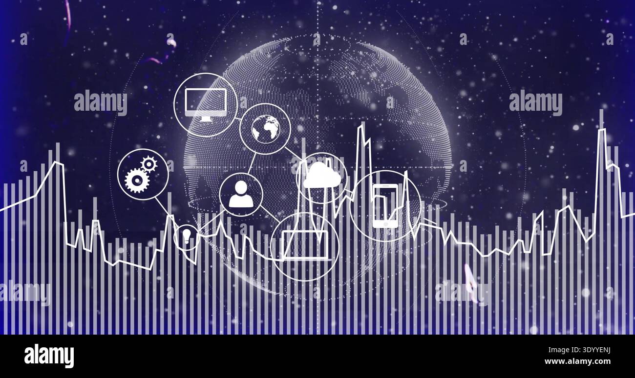 Displaying central dotted globe linking tech icons in data hub, with line graph and bars Stock Photo
