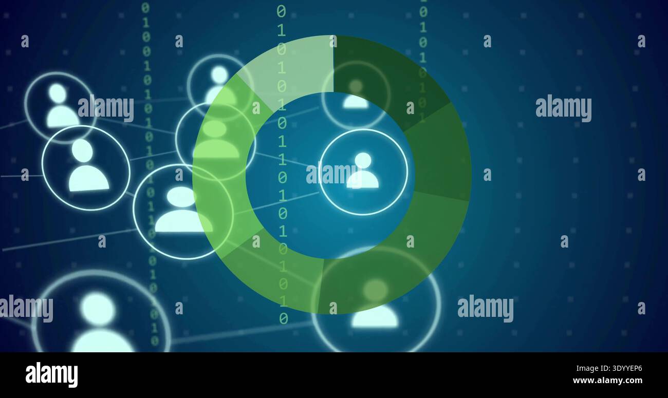 Displaying green donut ring overlaying virtual network, showing avatars, lines, binary Stock Photo