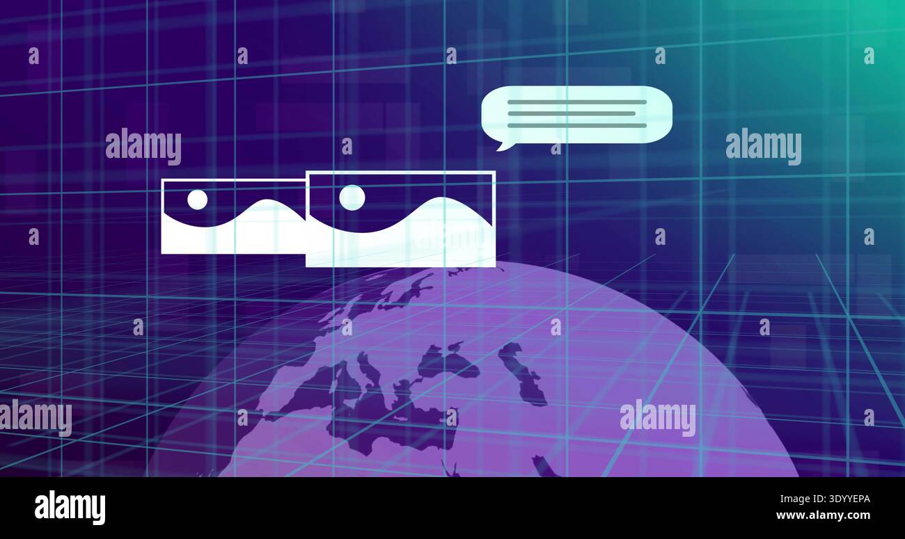 Glowing stylized globe rotating in virtual 3D UI, displaying thumbnails, chat bubble, cyan grid Stock Photo
