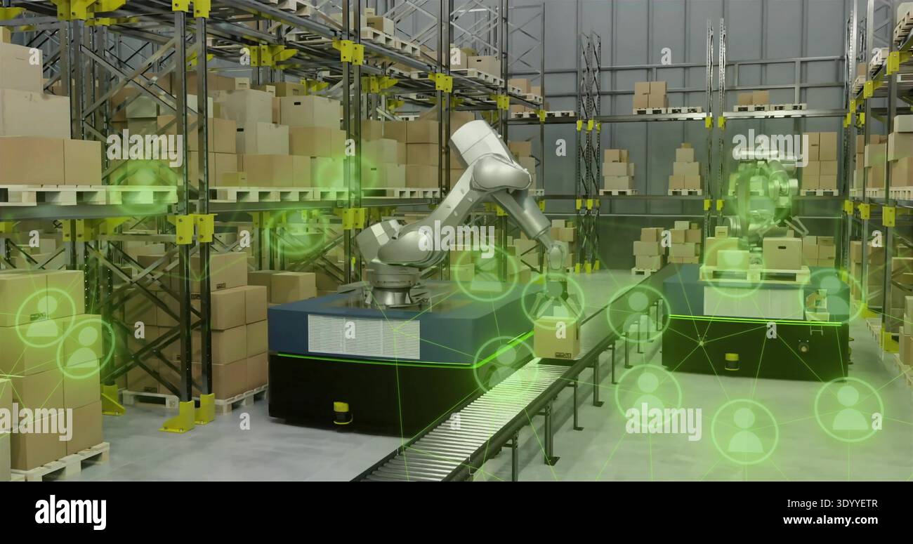 Operating robotic arm on mobile base picking package at conveyor in ...