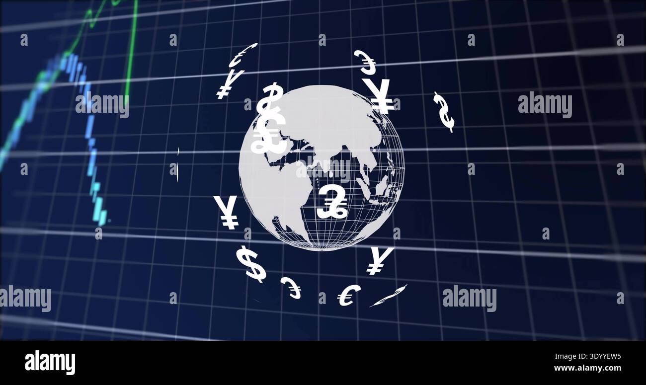 Displaying white wireframe globe orbiting floating currency symbols on virtual dashboard, navy grid Stock Photo