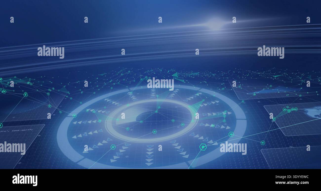 Data pulse activating central hologram circular interface rotating on dark blue grid, mapping nodes Stock Photo