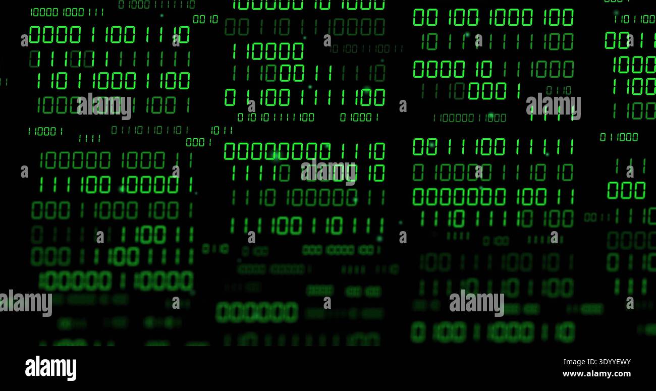 Displaying central cluster of green binary digits glowing on closeup LED panel, with pixel grid Stock Photo