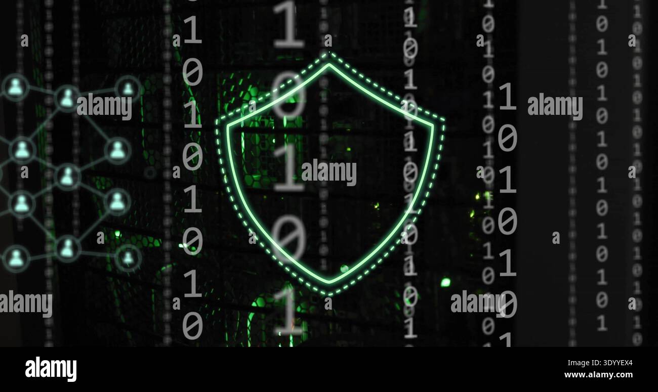 Pulsing double-dotted neon shield outline hovering in data center, showing binary and server rack Stock Photo