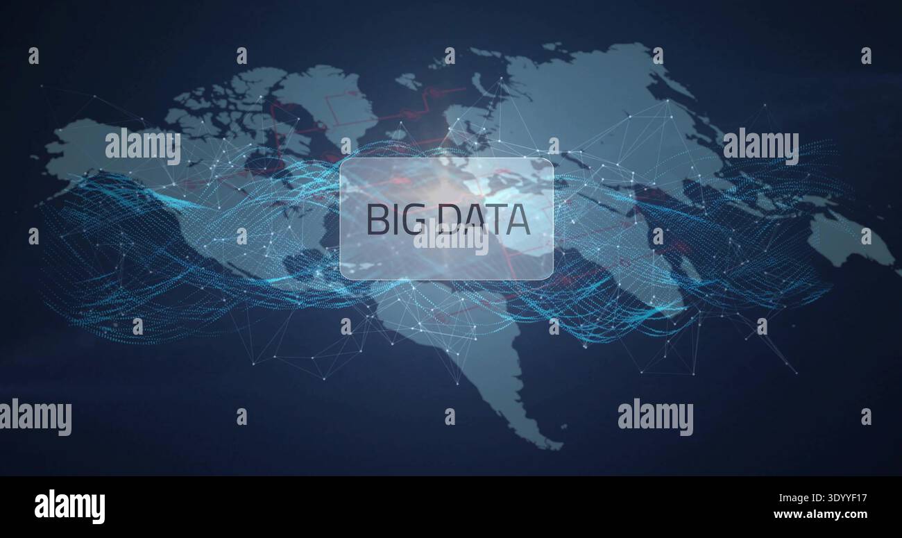 Floating rectangle label reading BIG DATA over navy world map showing blue-cyan waves mesh nodes Stock Photo