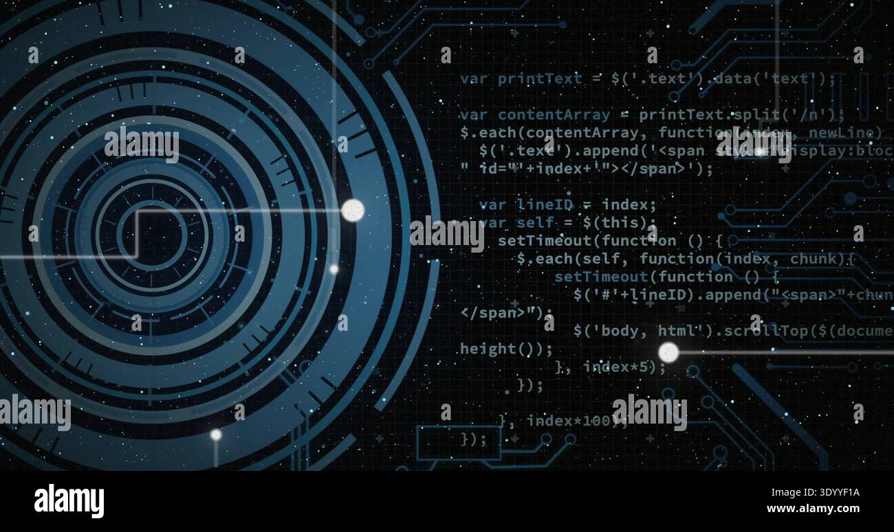 Displaying concentric circular HUD rotating at left on dark grid UI, with code and glowing nodes Stock Photo