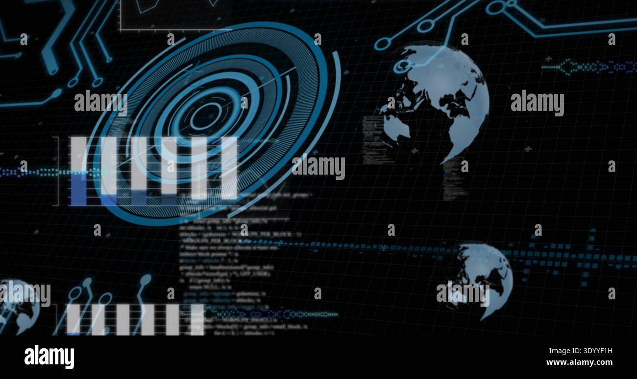 Rotating ringed radar HUD centering on dashboard, displaying scrolling code, bars, globe icons Stock Photo