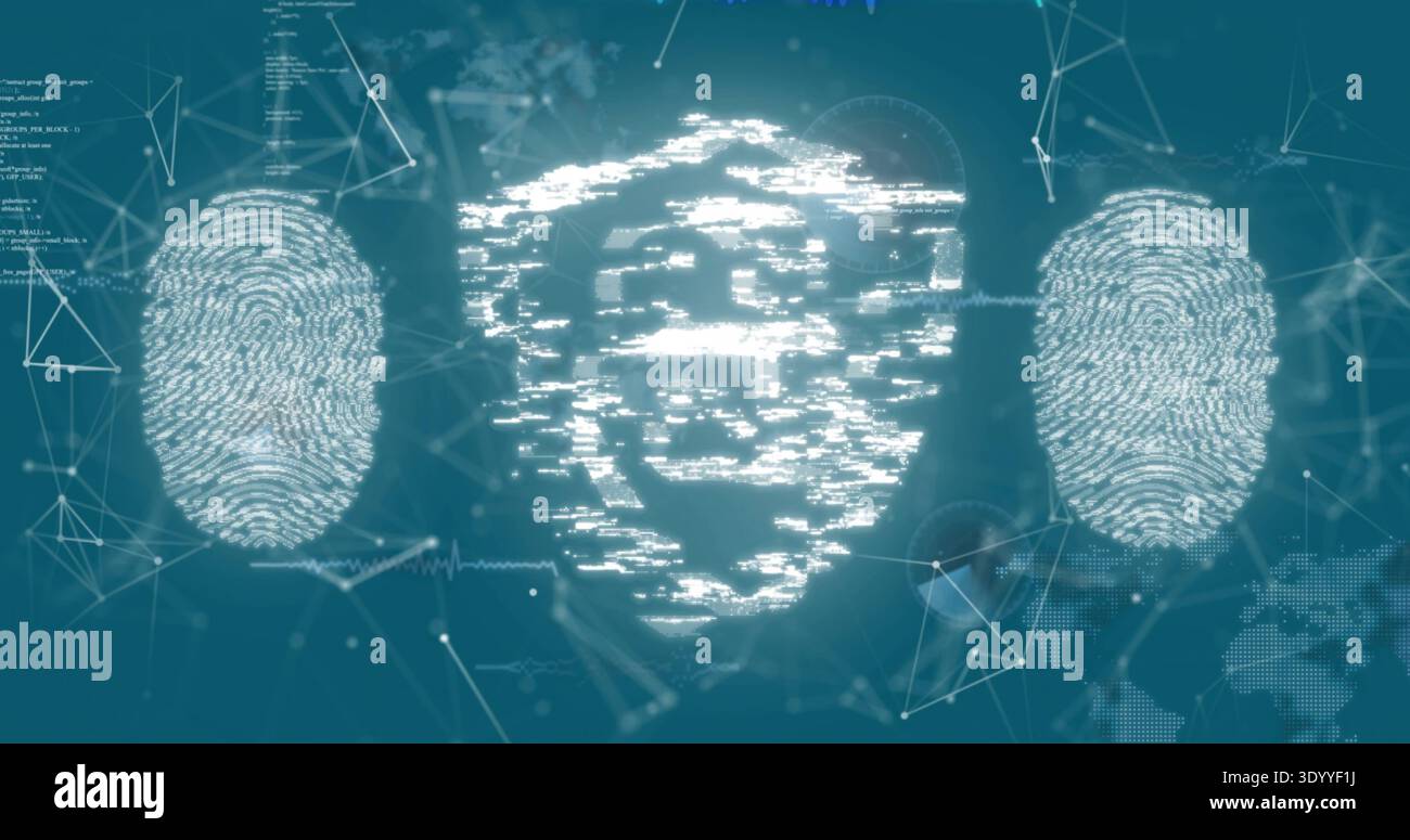 Displaying central shield icon glitching on teal-blue security interface, with fingerprint scans Stock Photo