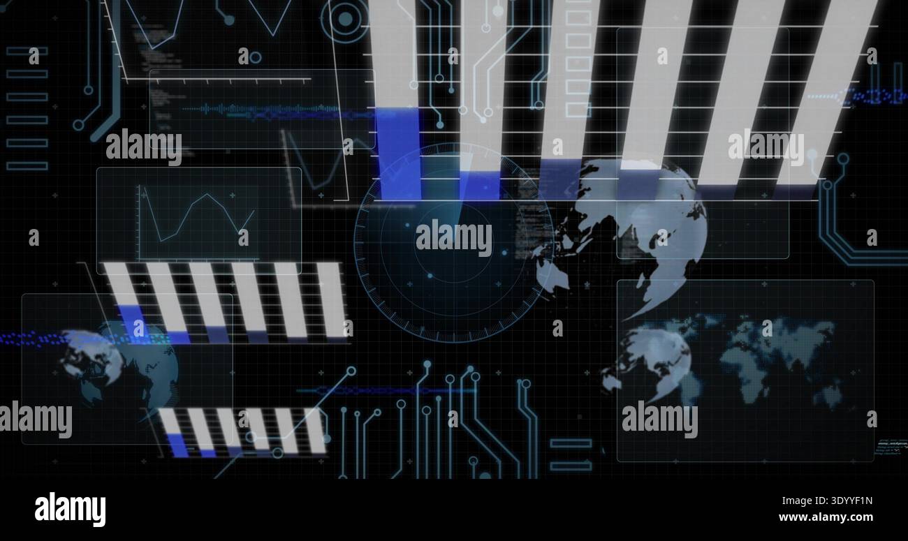 Displaying data cluster centered in HUD, showing radar, globe, bars, circuits on grid background Stock Photo