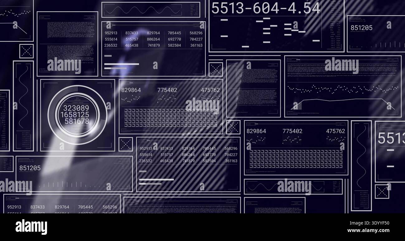 Displaying rectangular panels and circular gauge on digital dashboard, showing charts and matrices Stock Photo