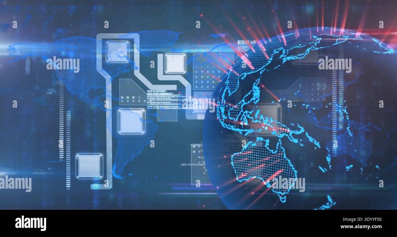 Displaying 3D globe glowing right in digital dashboard with HUD panels, node blocks, data nodes Stock Photo