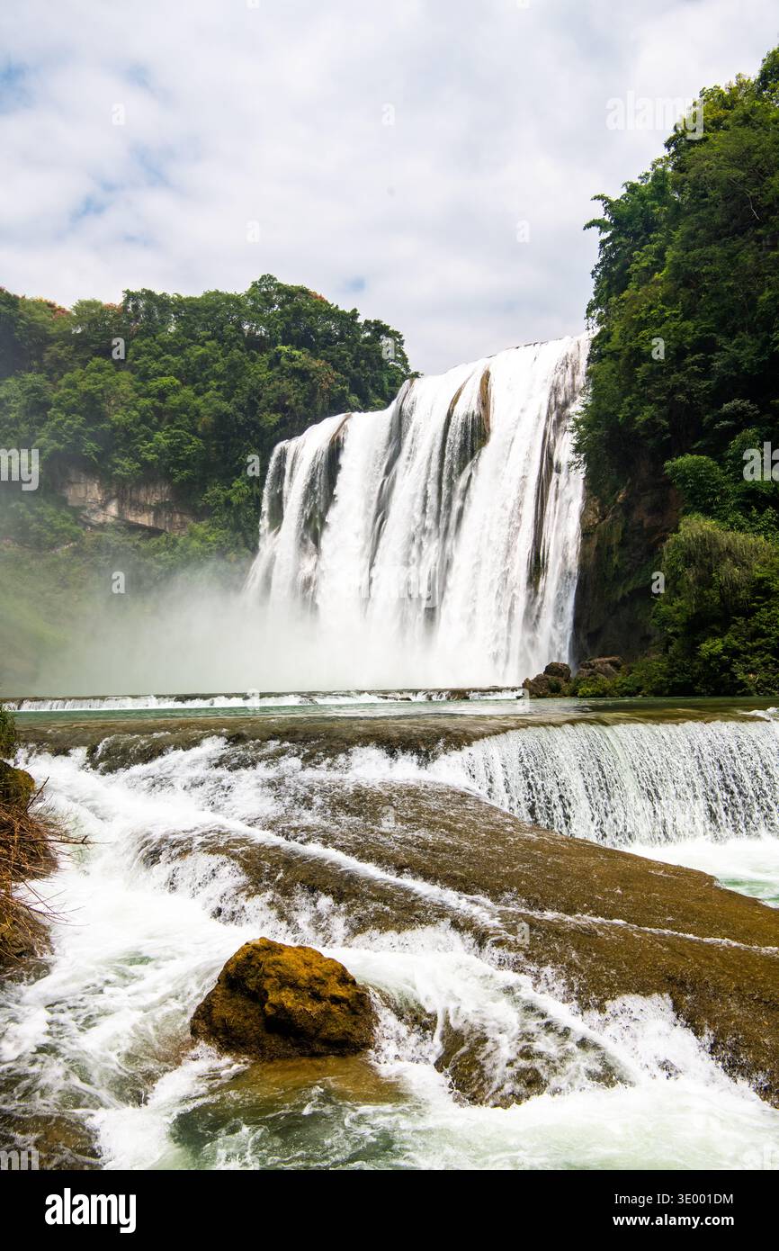 Huangguoshu Waterfall cascading through lush karst landscape in Guizhou