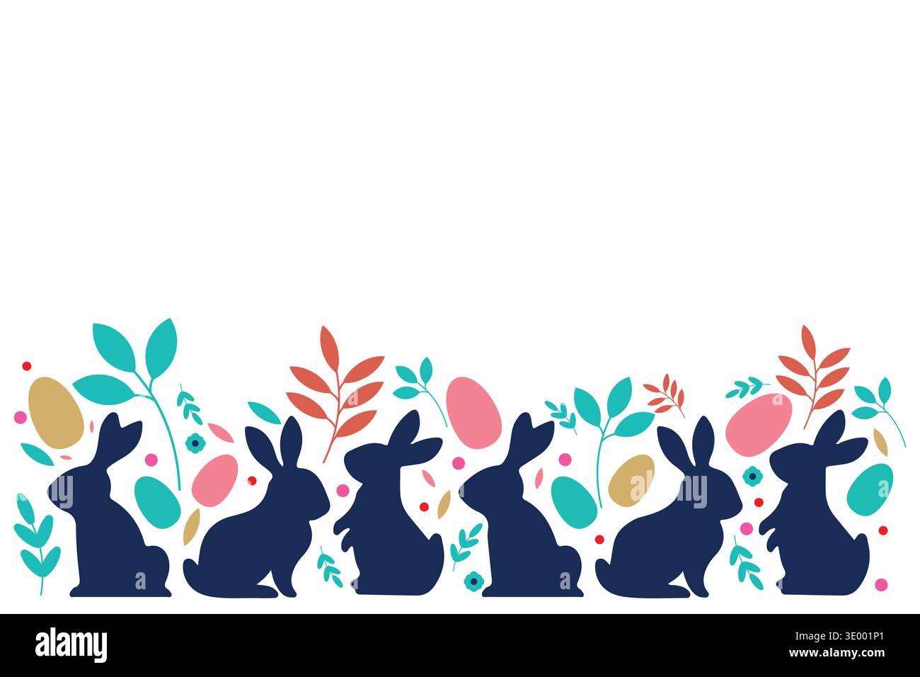 Festive Easter banner with bunny silhouettes and colorful eggs celebrating springtime joy. Stock Vector