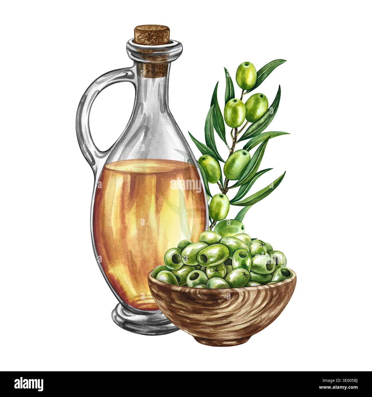 A glass bottle of oil, olives in a wooden cup, and an olive branch. A ...