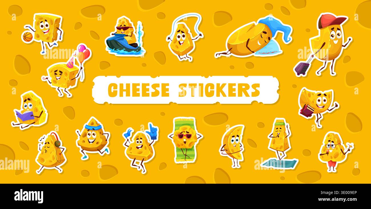 Cartoon cheese characters stickers pack. Dairy food vector sticker ...