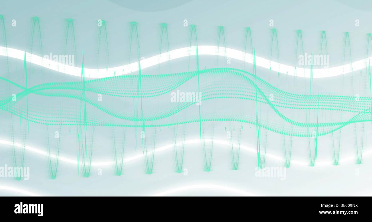 Displaying layered teal waveform structure flowing across pale cyan gradient, with dotted pillars Stock Photo