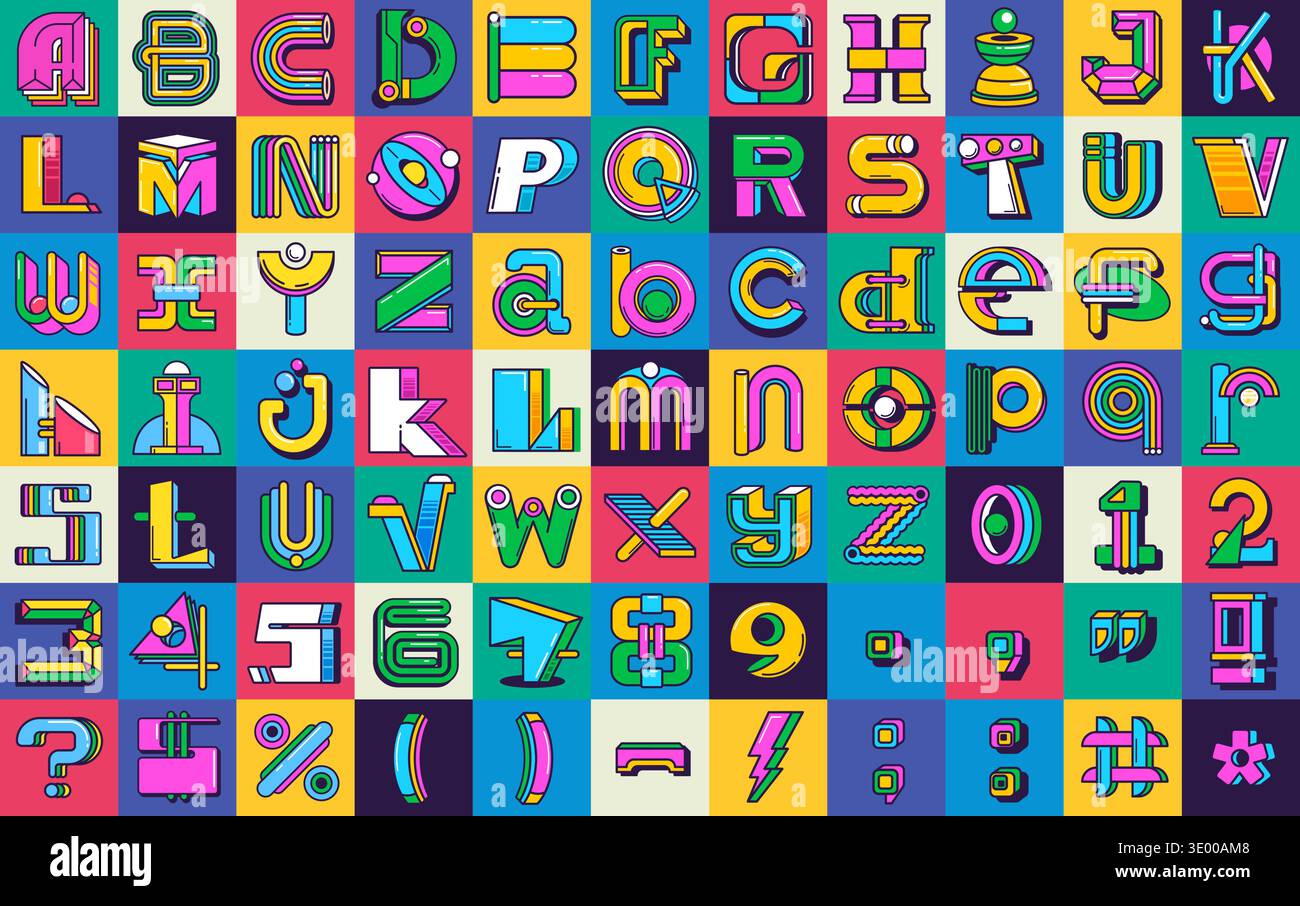 Color y2k font, retro geometric typeface letters english alphabet ...