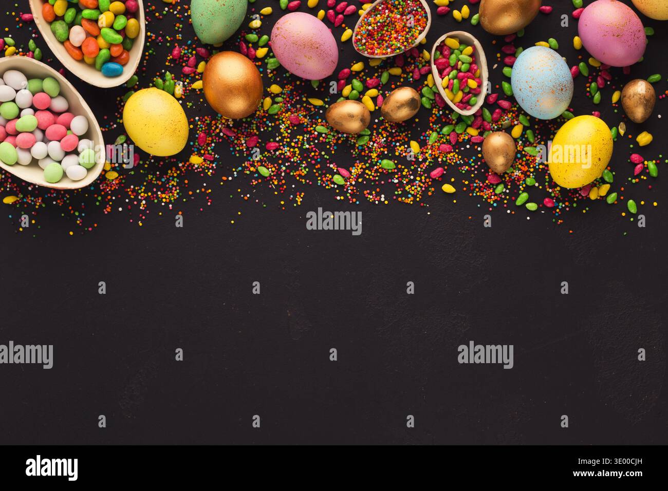 Border of colored and chocolate eggs Stock Photo