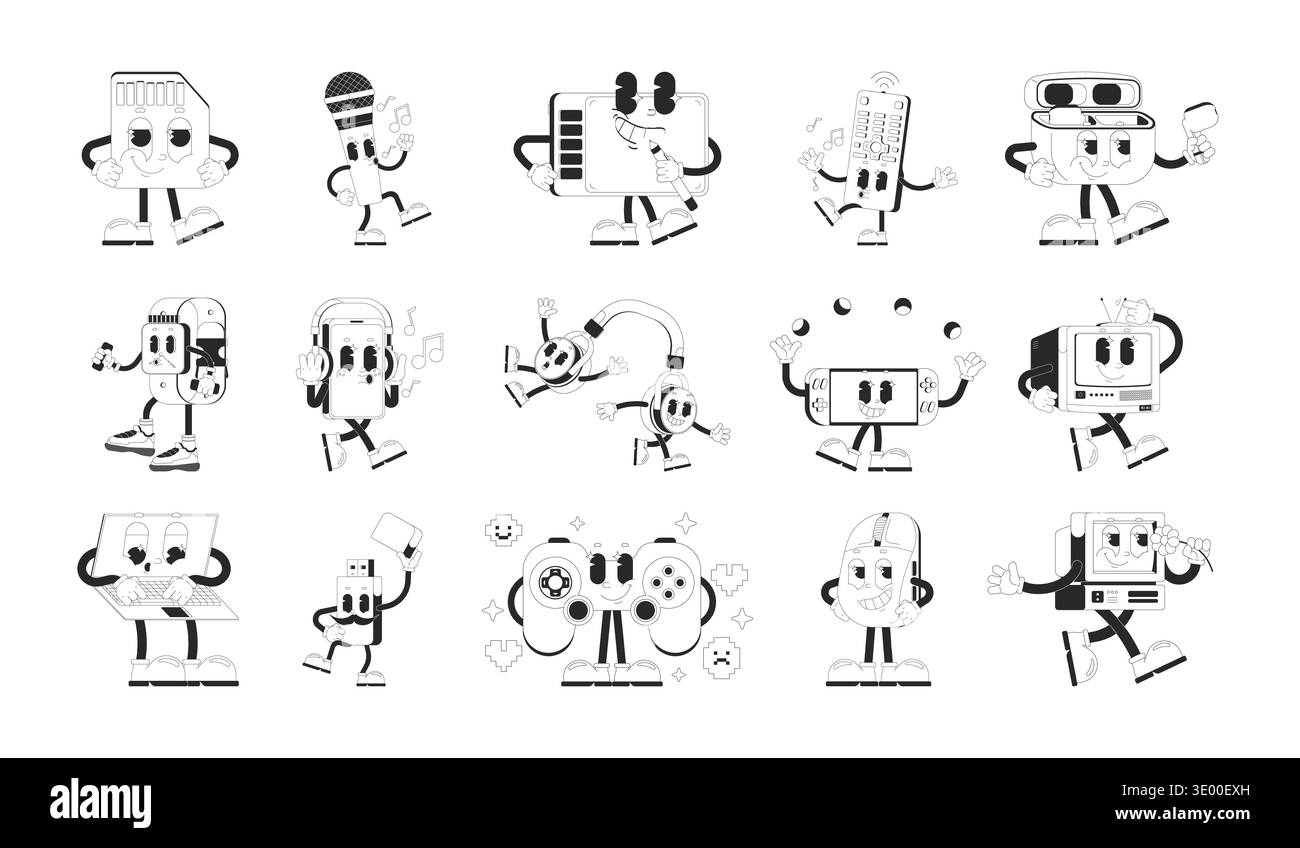 Outline groovy technology mascot characters set Stock Vector