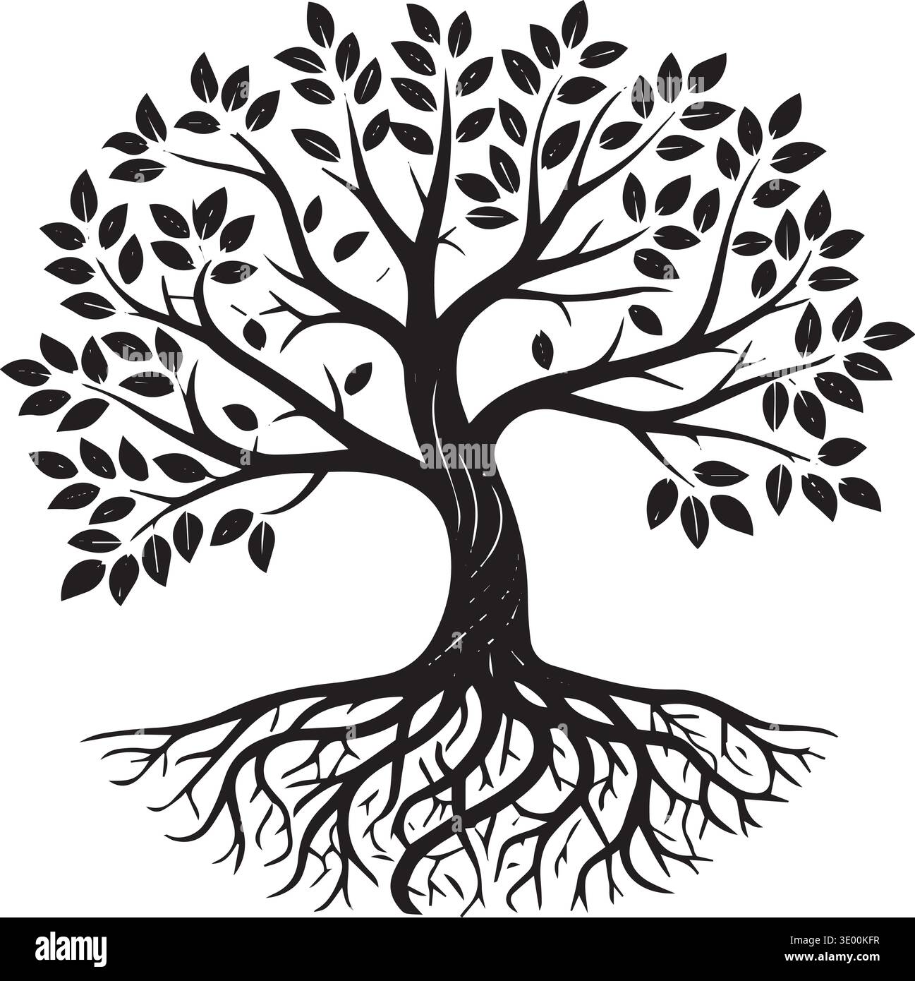 Black and white vector silhouette of a large tree with visible root ...