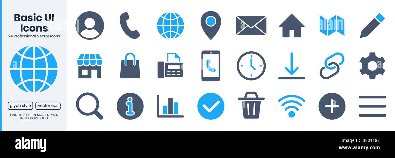 Web and communication glyph icon set. User, phone, mail, location, home minimal vector illustrations. Simple doutone signs for contact us, basic UI Stock Vector