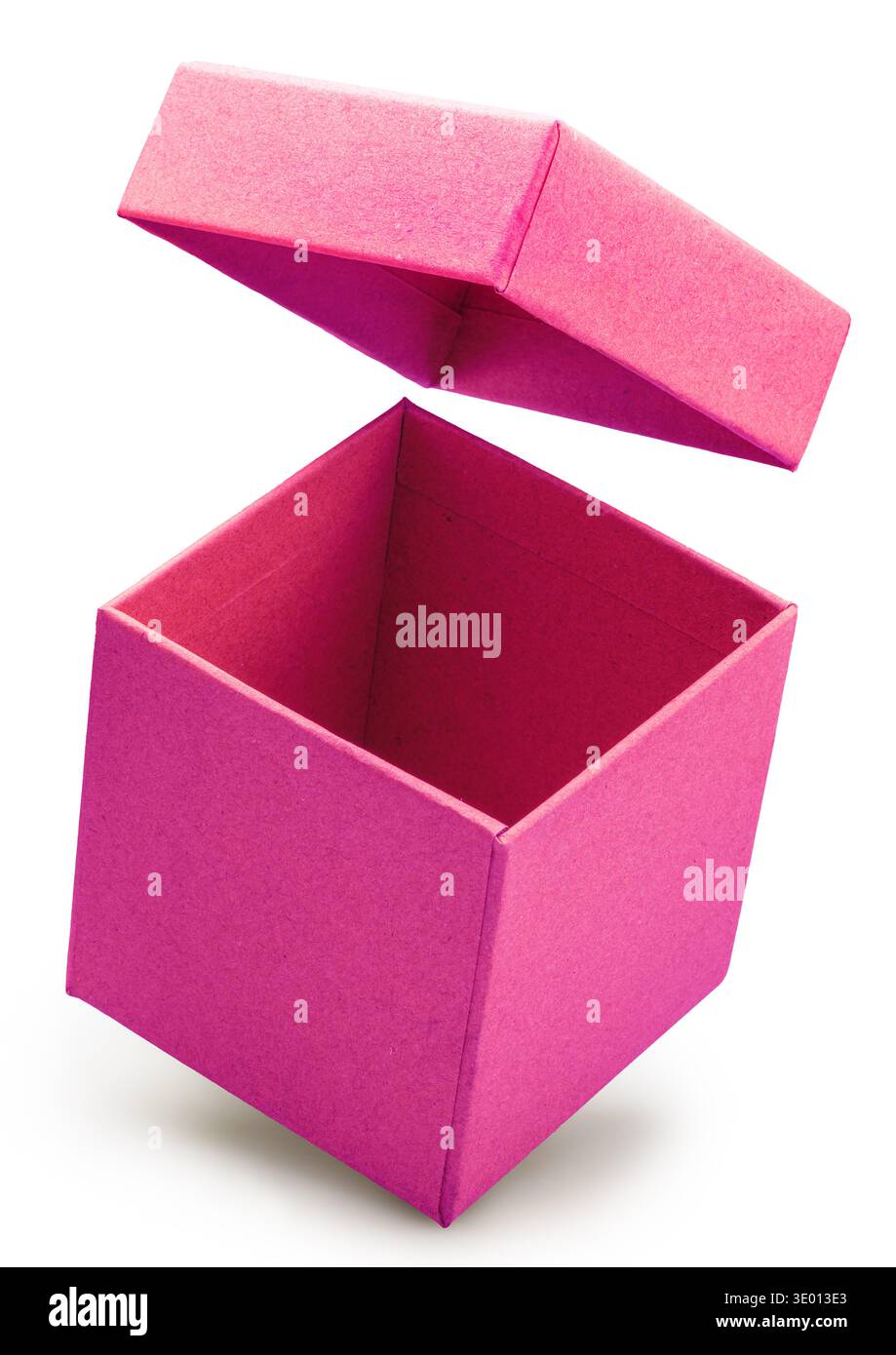 Open empty pink gift box and lid floating above a box isolated on white background. File contains clipping path. Stock Photo