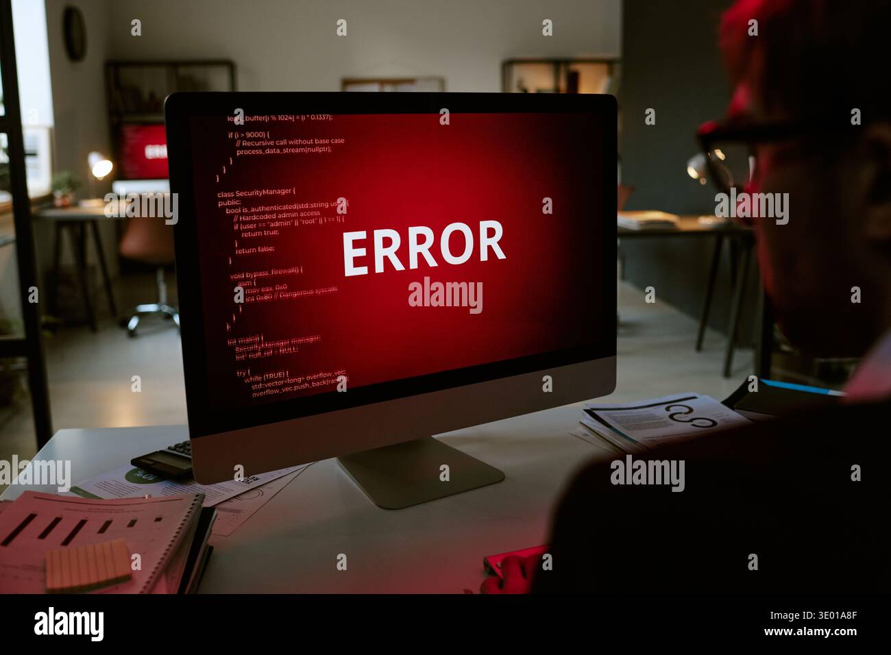 Caucasian Young Adult Man Observing Computer Screen Displaying Error Message Stock Photo