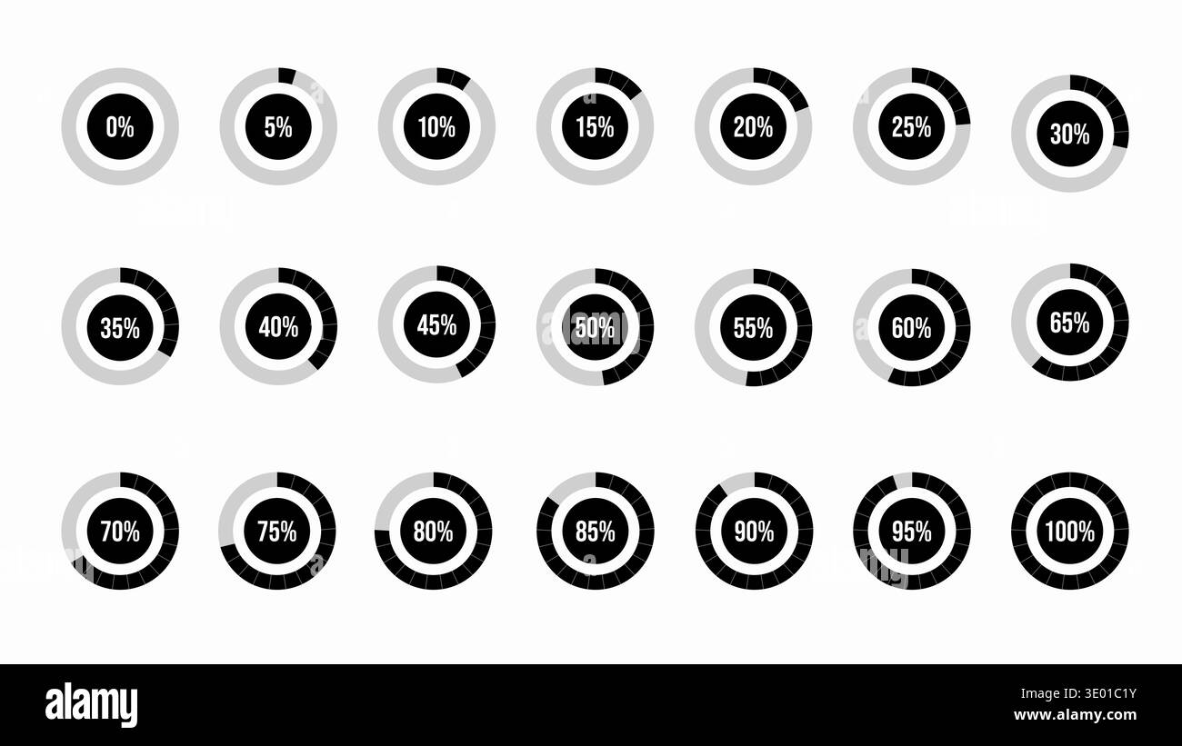 Collection of black and gray circle fill loading indicators, Percentage ...