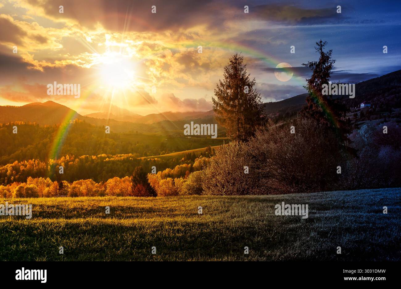 mountainous countryside landscape under cloudy sky. day meet night. sun and moon over beautiful nature scenery with tall spruce trees near green grass Stock Photo