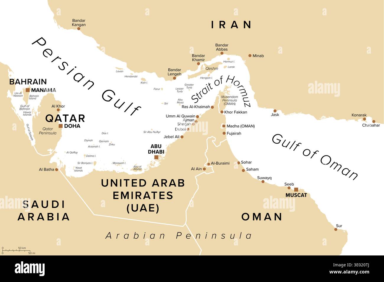 Strait Of Hormuz Sand colored Political Map Waterway Between The 