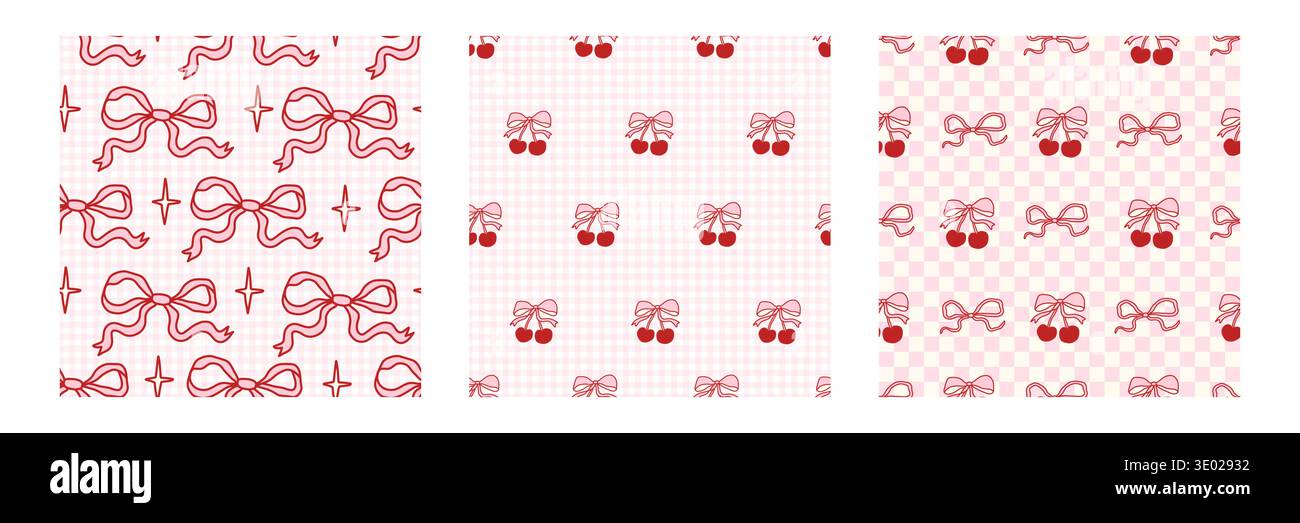 Coquette seamless pattern set with hand drawn bows and cherries on pink gingham backgrounds, cute red line doodles, girly romantic aesthetic, playful feminine design for fabric, wrapping, stationery Stock Vector