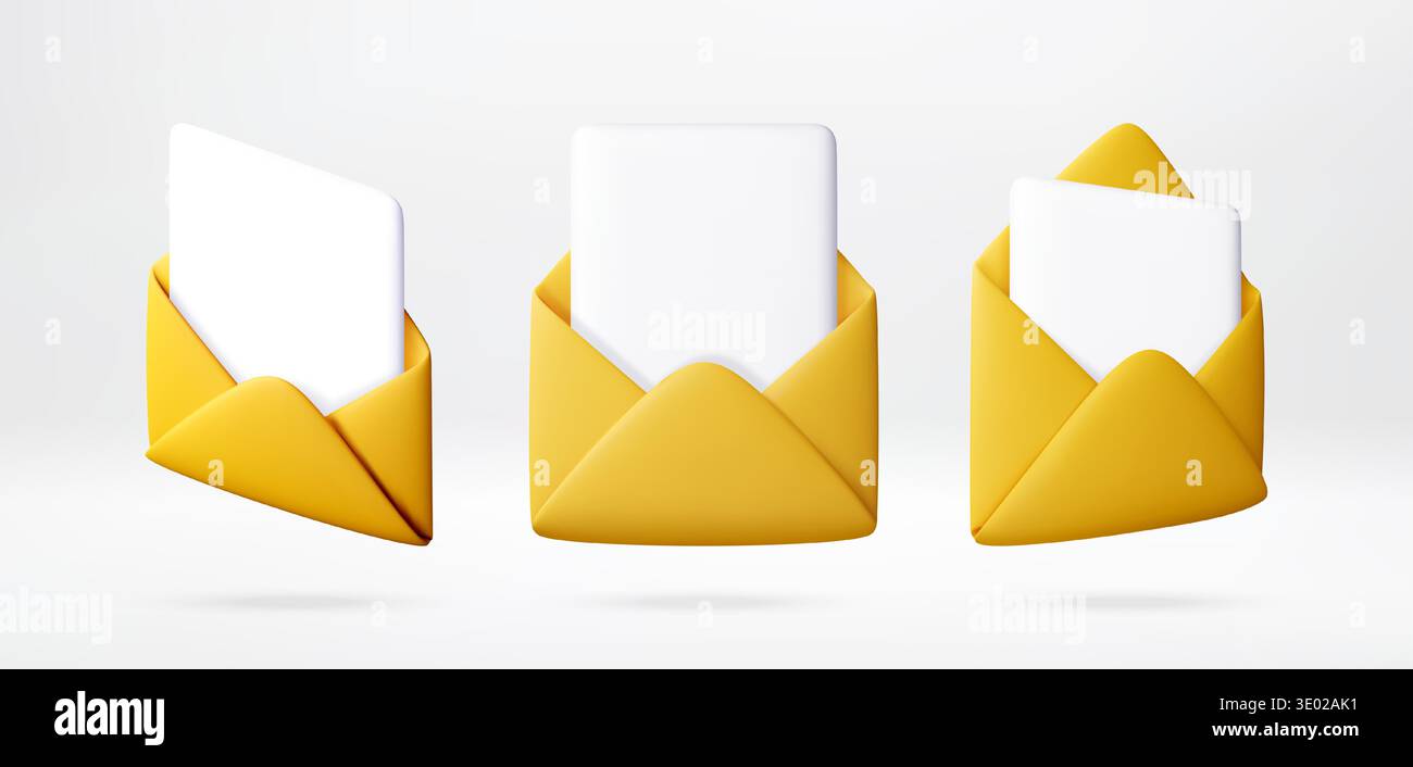 3D Three yellow envelopes with white paper sheets Stock Vector