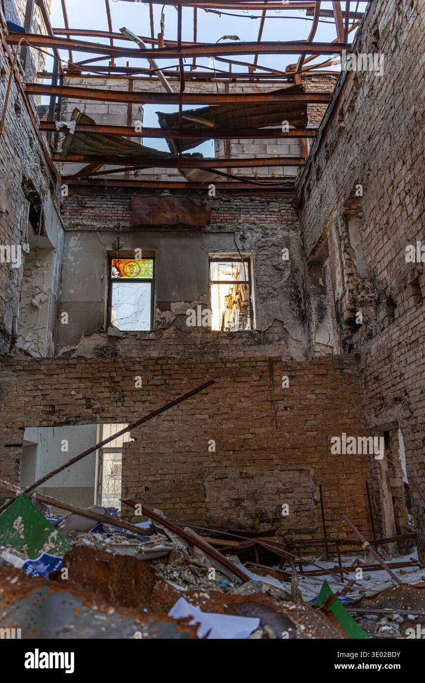 Irpin, Ukraine - 07 March 2026: View of a ravaged interior at 31 ...