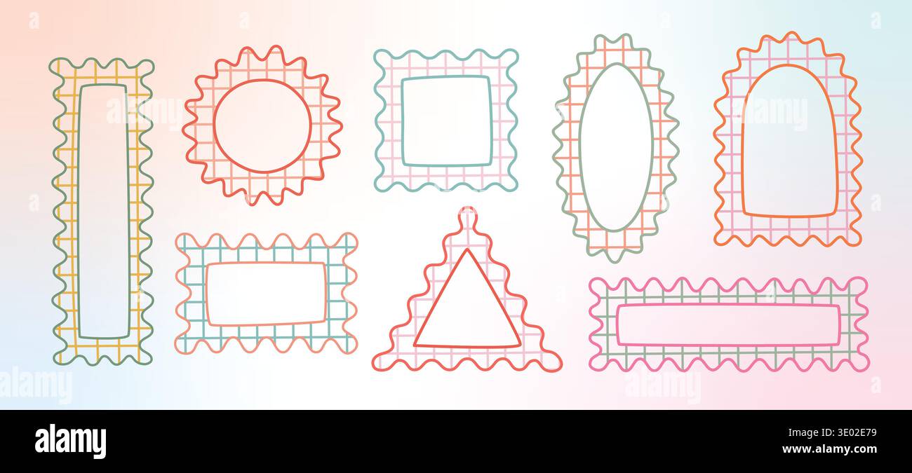 Pastel color wavy, zigzag edges shapes, figures. Groovy y2k squiggle frames with checkered pattern. Cute vector frameworks, rectangle, square. Stock Vector