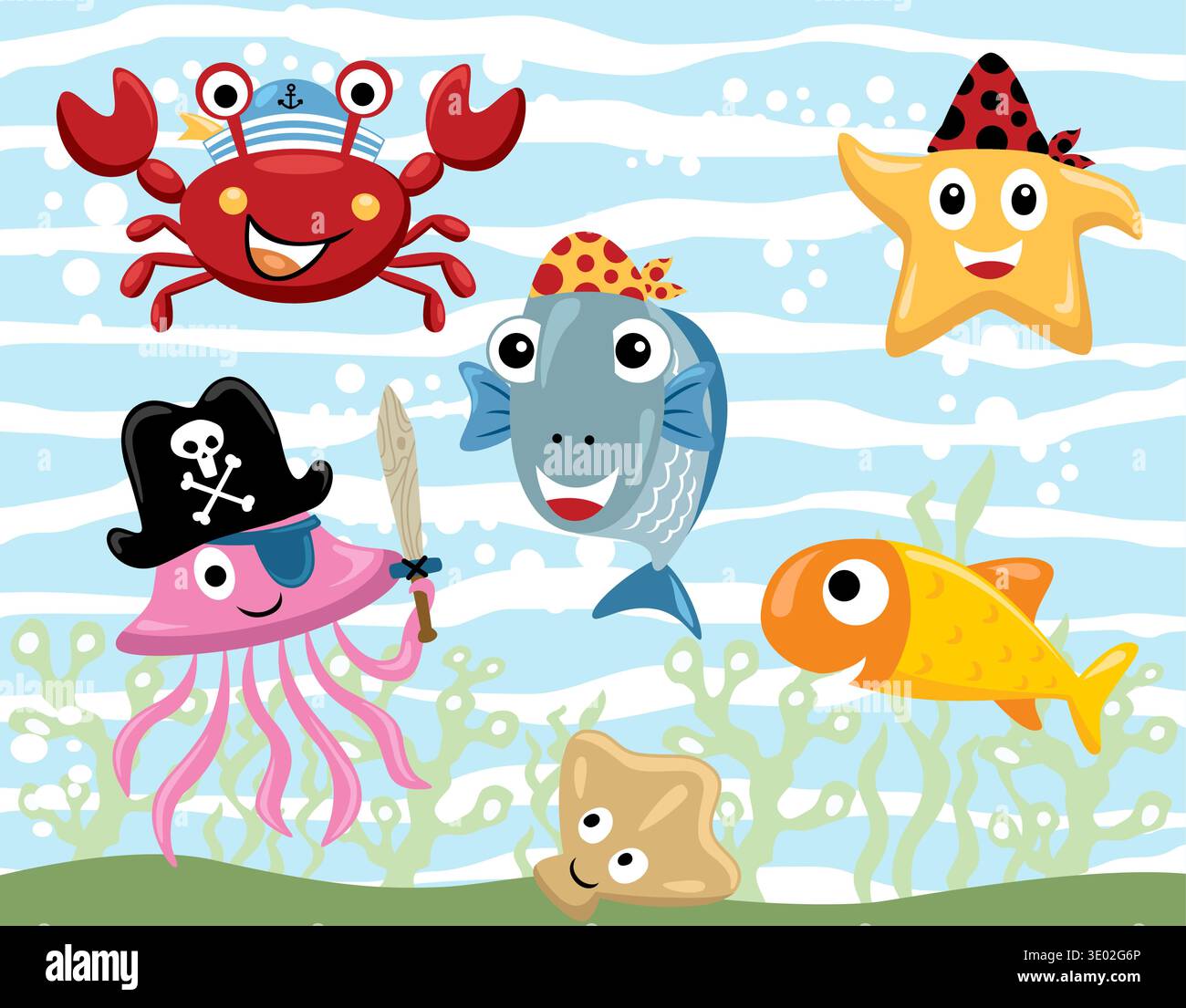 Cute sea animals cartoon set underwater ocean characters Stock Vector ...
