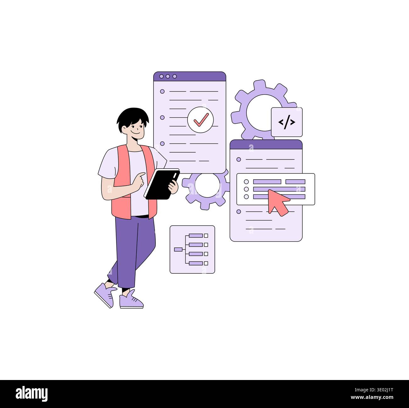 Vector illustration of a developer interacting with a visual interface showcasing code elements and settings. Depicts a programmer assessing functionality through a digital platform. Stock Vector