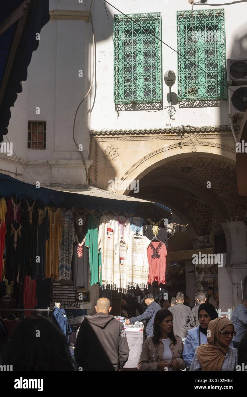Tunis, Tunisia. 7th May 2024 A busy street in the Medina popular with Tunisians shopping, the medina is the historical quarter of Tunis, a busy market Stock Photo