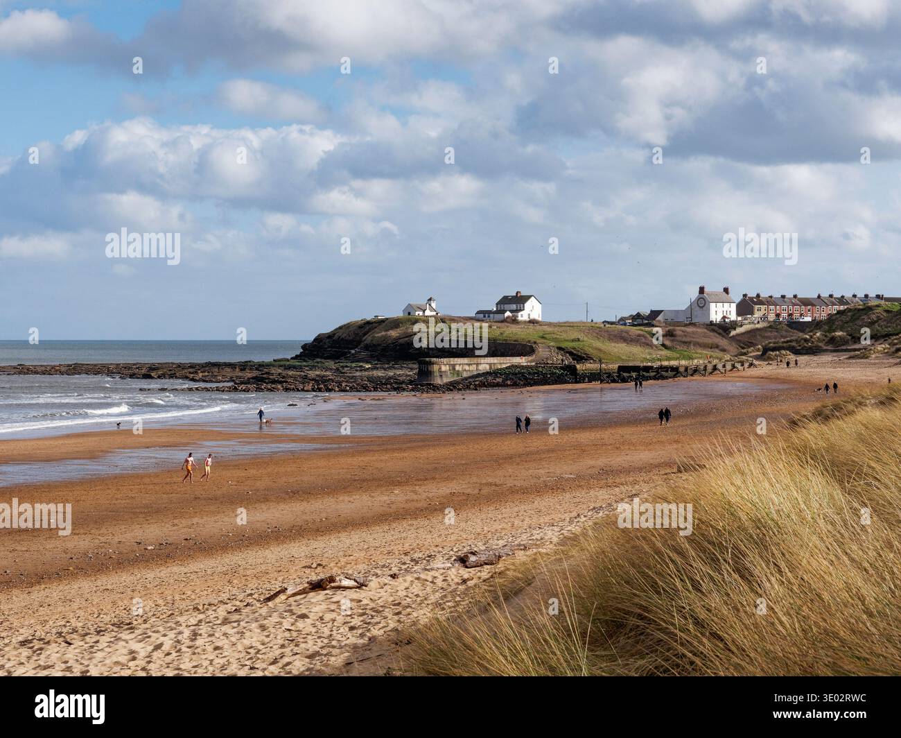 Beach, dunes and headland of Seaton Sluice, a coastal village in Northumberland, UK. Stock Photo
