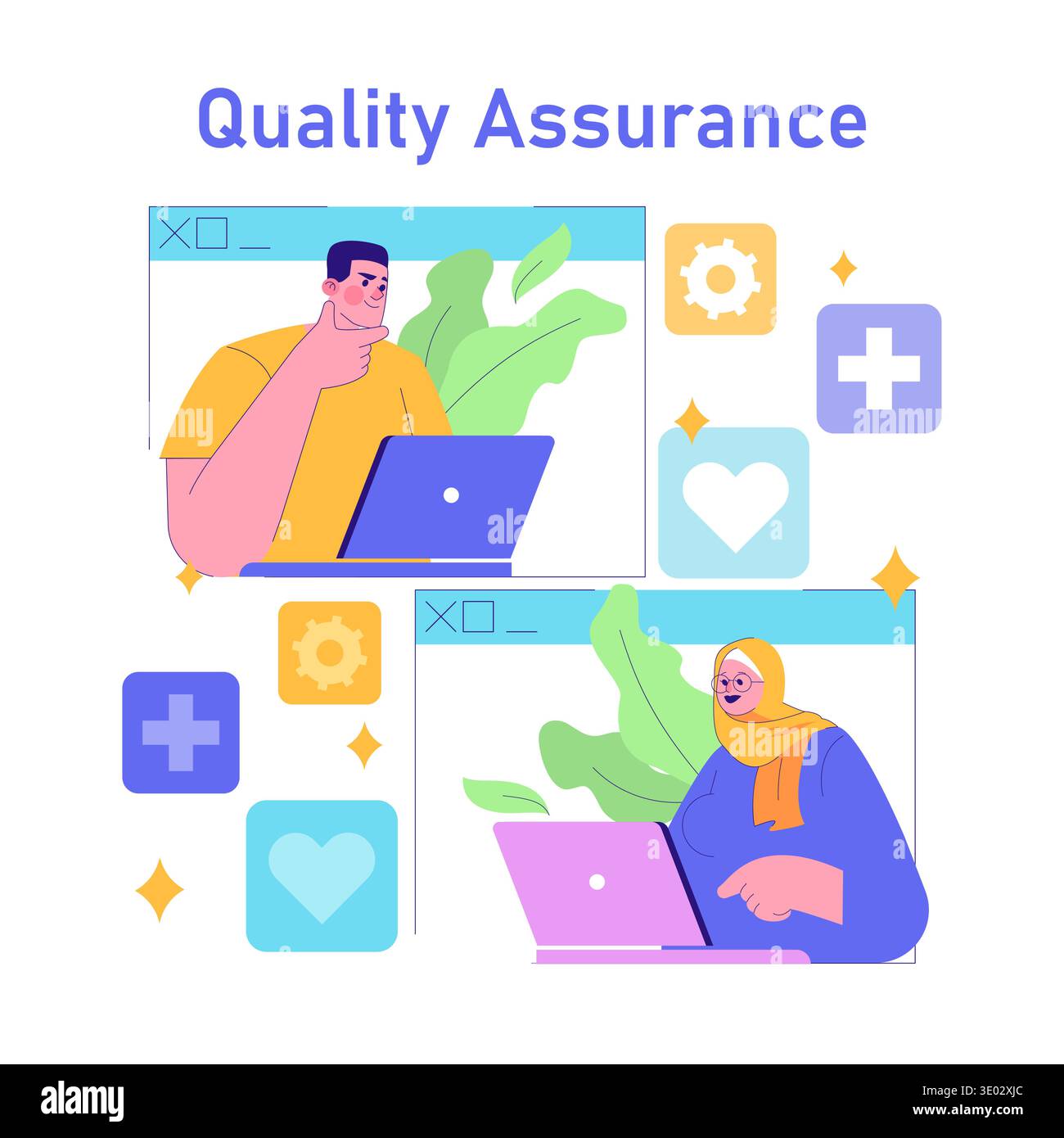 Digital illustration depicting team members engaged in quality assurance tasks on laptops with thoughtful expressions, surrounded by icons representing quality control and assurance concepts. Stock Vector
