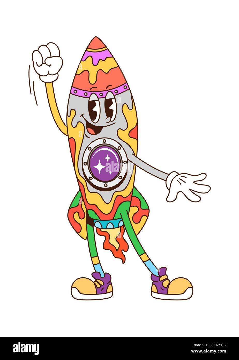 Space rocket cartoon groovy adorable character Stock Vector