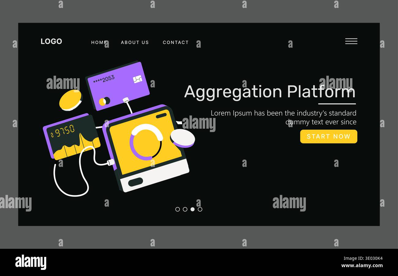 Financial aggregation platform vector illustration showcasing digital financial tools and data representations. Includes credit card, chart displays, and interactive elements on a dark background. Stock Vector