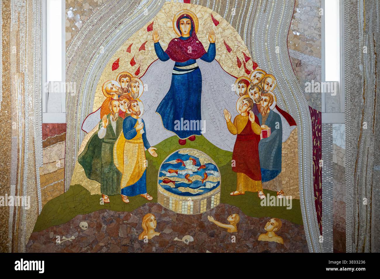 2019 Łagiewniki, Kraków, Poland, John Paul II Sanctuary Center; Johannes Paul II. Zentrum; Wall decoration, Mary among the Apostles, Pentecost Stock Photo
