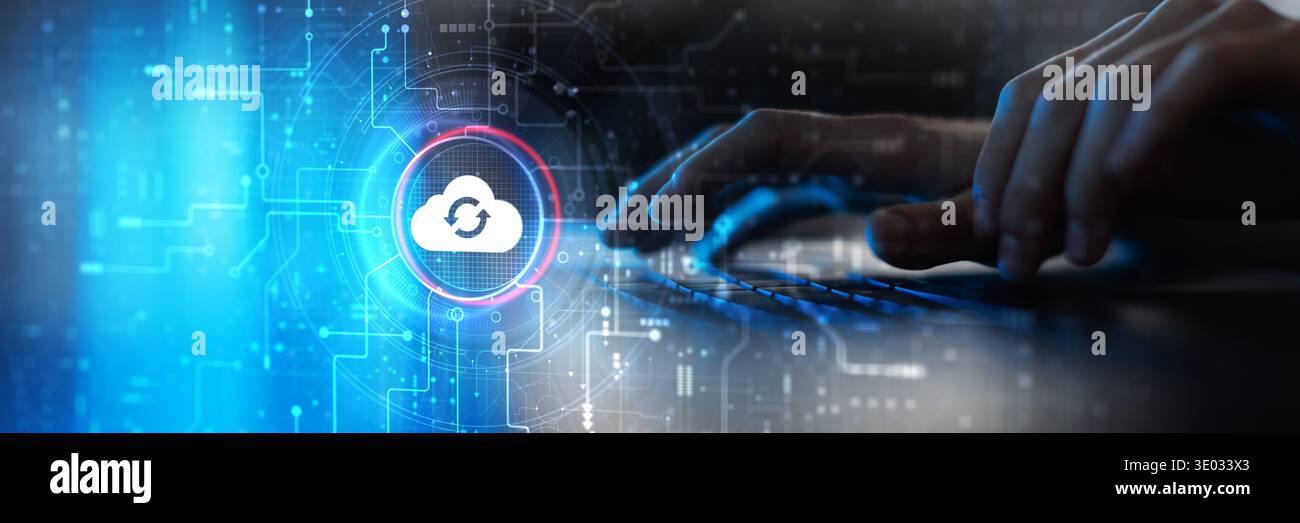Cloud Computing and Data Synchronization Technology Illustrated on Futuristic Digital Interface. Stock Photo