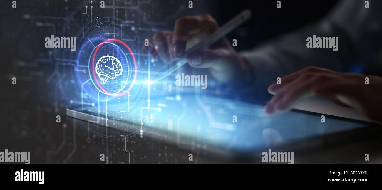 Artificial Intelligence Neural Network Interface with Digital Brain Visualization on Futuristic Screen. Stock Photo