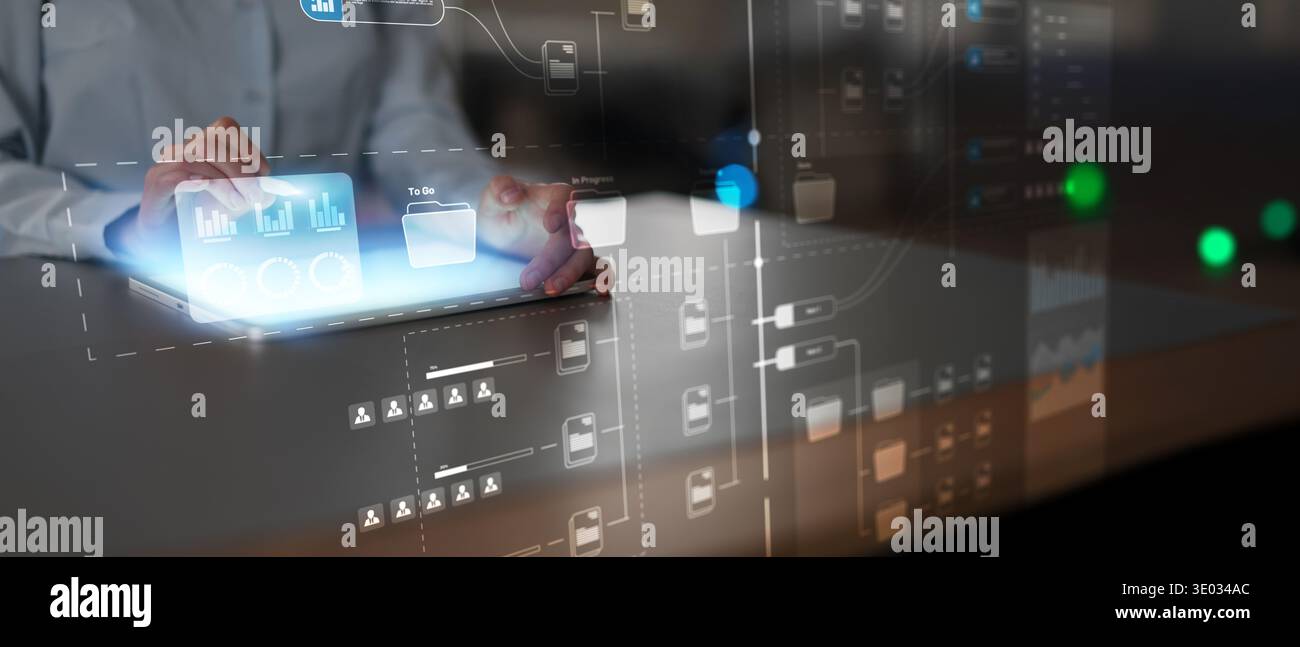 Digital Workflow Automation Interface with Interactive Process Control and Data Visualization. Stock Photo