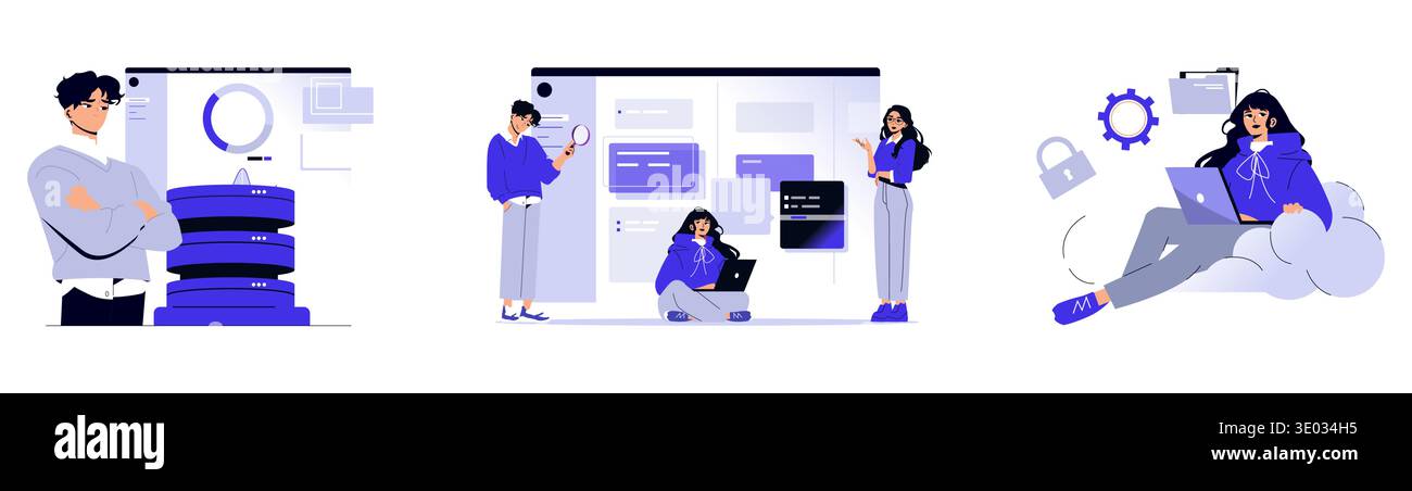 Vector illustration depicting a team collaborating on data analysis. The scene includes people using laptops and tablets to explore and discuss data visualizations, highlighting teamwork in a digital workspace. Stock Vector