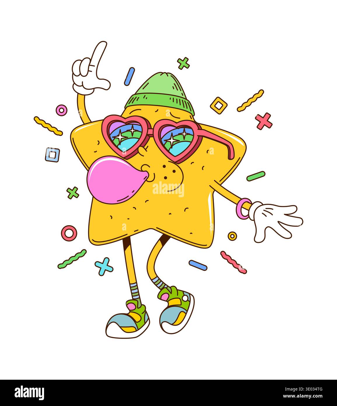 Star chewing bubble gum groovy funny character Stock Vector
